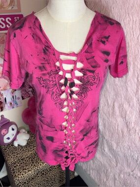 Pink and black lace up top